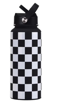 BIG KIDS BOYS 1 L "CHECKERS" STAINLESS STEEL WATER BOTTLE.