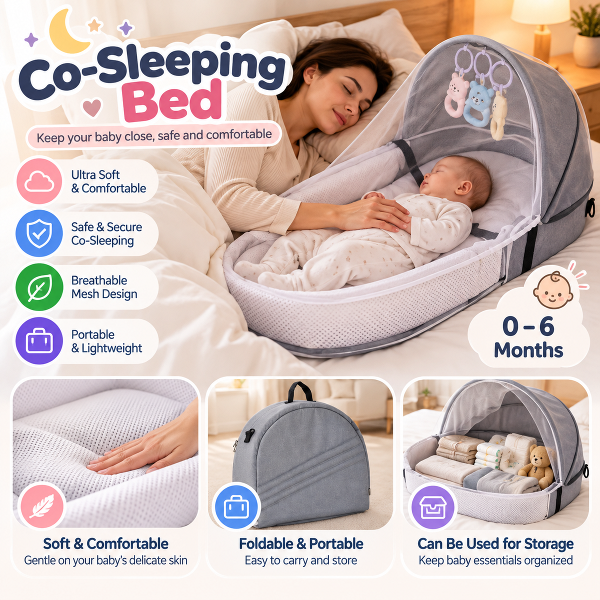 BABY CO-SLEEPING BED - GREY ONLY