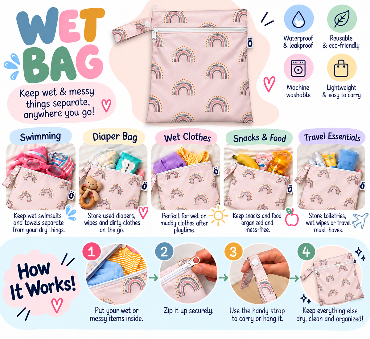 PASTEL PINK RAINBOW WET BAG 18*25CM