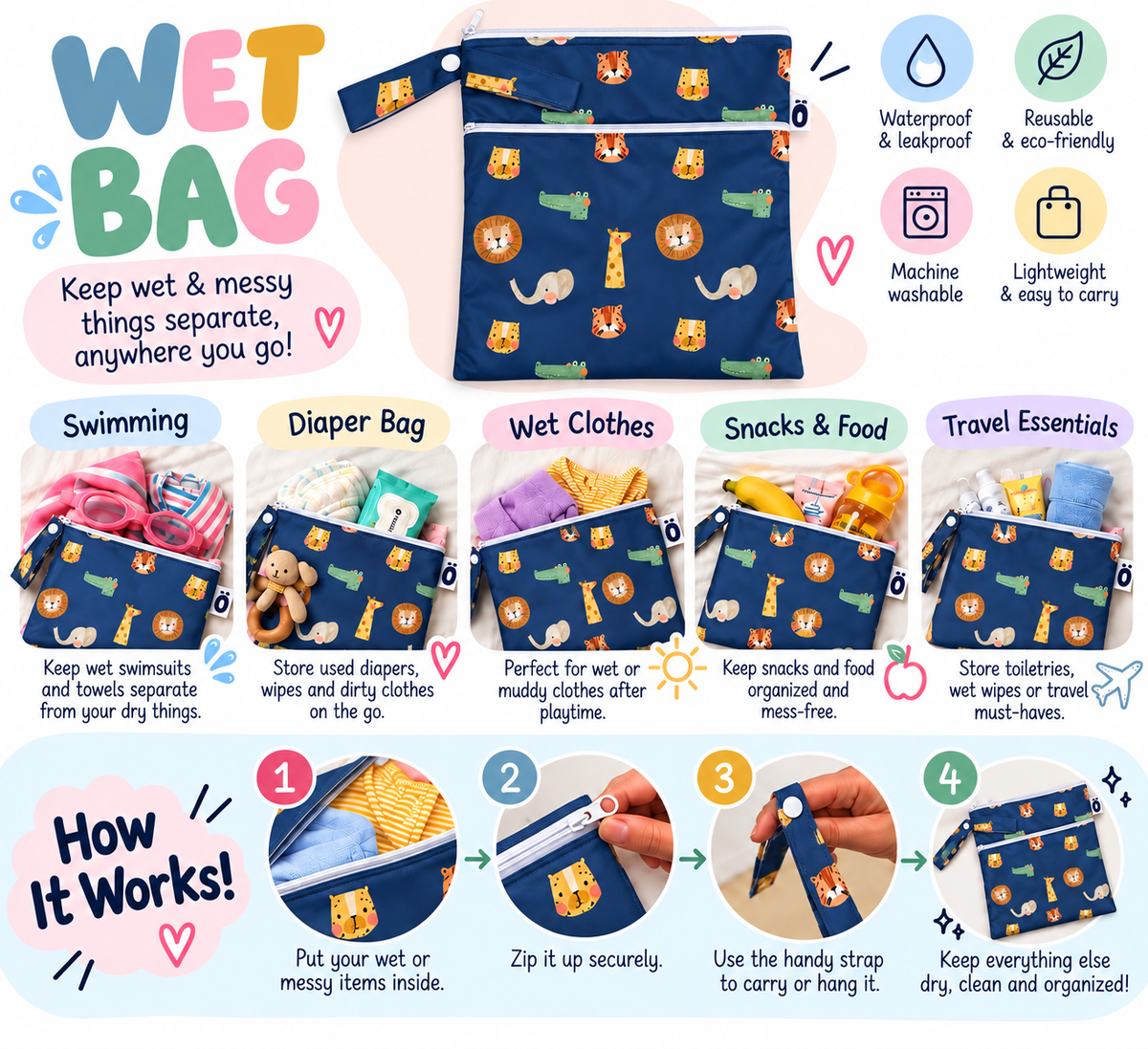ANIMALS 2 POCKETS WET BAG 30*40CM